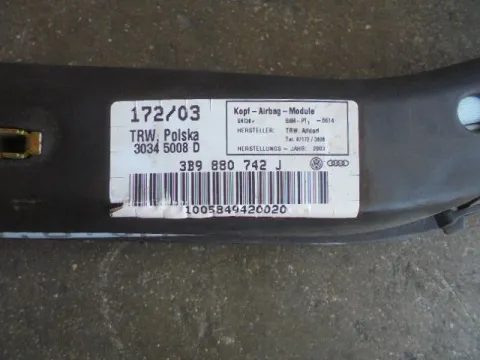Αερόσακος Οροφής (Κουρτίνα) Δεξής 3B9880742J για VW PASSAT (2000 - 2005) (3B3) *Γ* -  Αερόσακος Οροφής (Κουρτίνα) Δεξής 3B9880742J για VW PASSAT (2000 - 2005) (3B3) *Γ* -